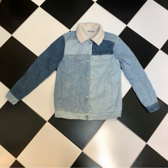 Hollister Patchwork Denim Jean Jacket Sherpa Fleece Lined Button Down Front szXS - Picture 1 of 12